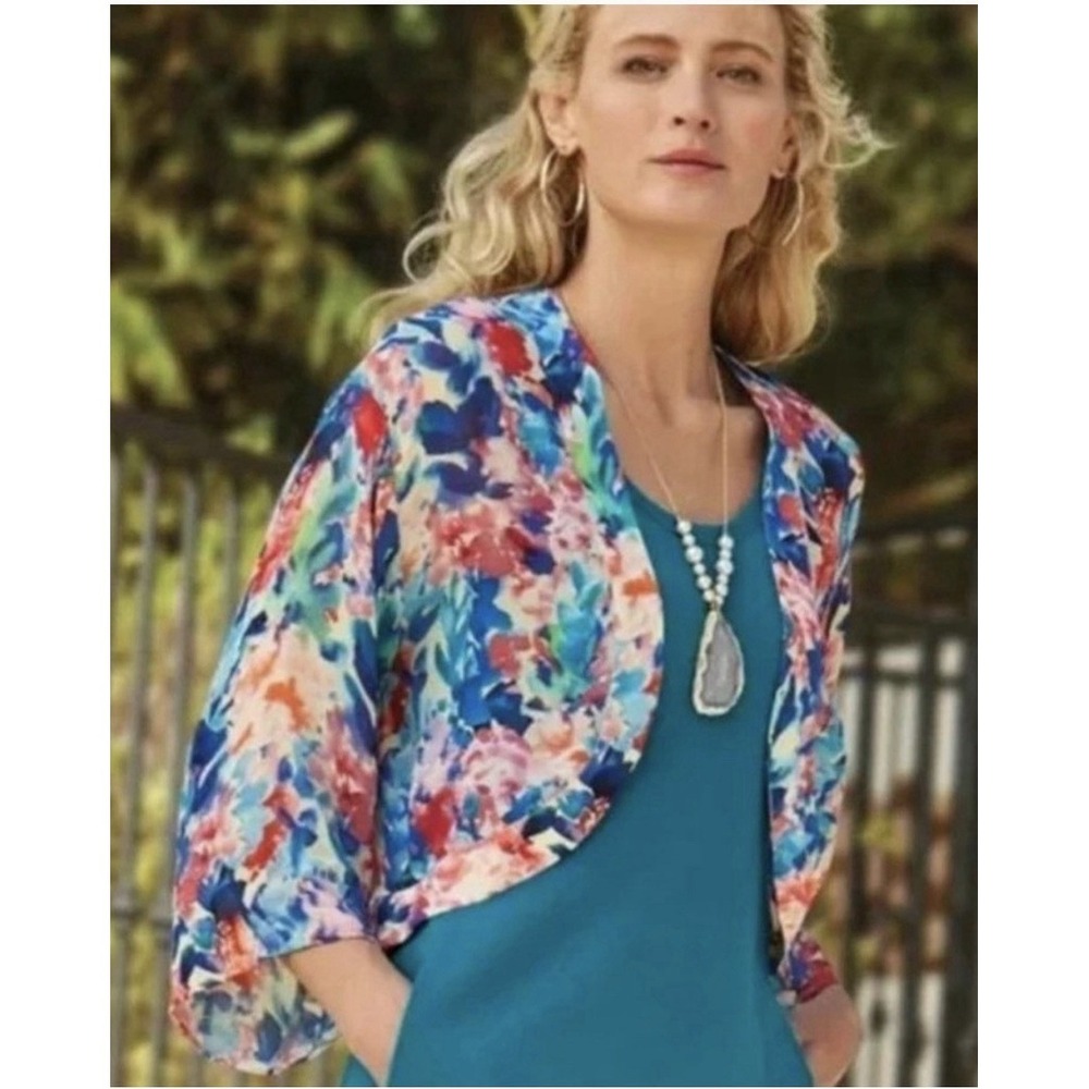 SOFT SURROUNDINGS Kimono Top Open Front Nani Topper Cardi Watercolor Floral L